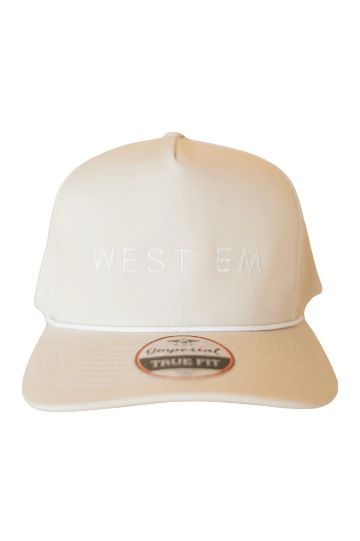 West Em tan trucker hat – breathable mesh-back cap with embroidered logo at West Em Medical Spa