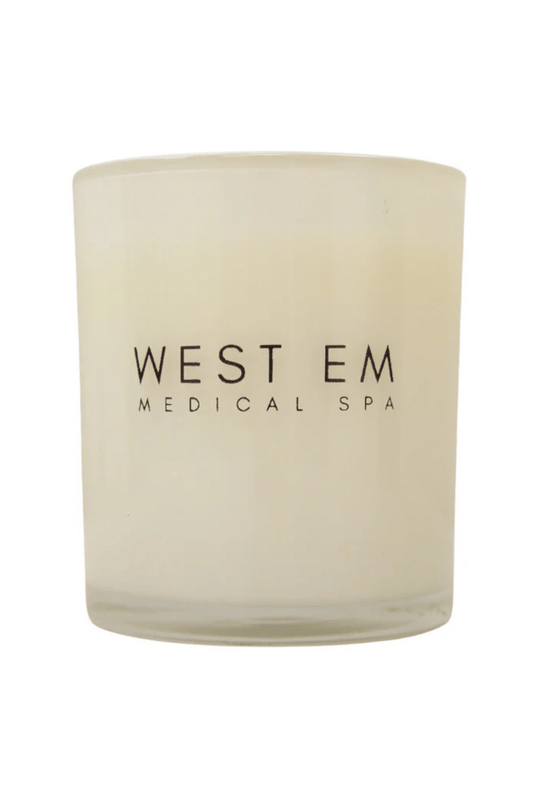 West Em Medical Spa candle volume 1 with soothing white tea scent to create a calming ambiance