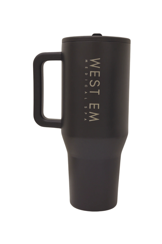 Black West Em HydroJug 40 oz – extra-large reusable water bottle for maximum hydration and wellness at West Em Medical Spa